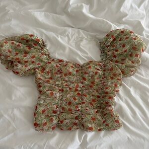 Astr Floral Puff Sleeve Blouse - Red and Green